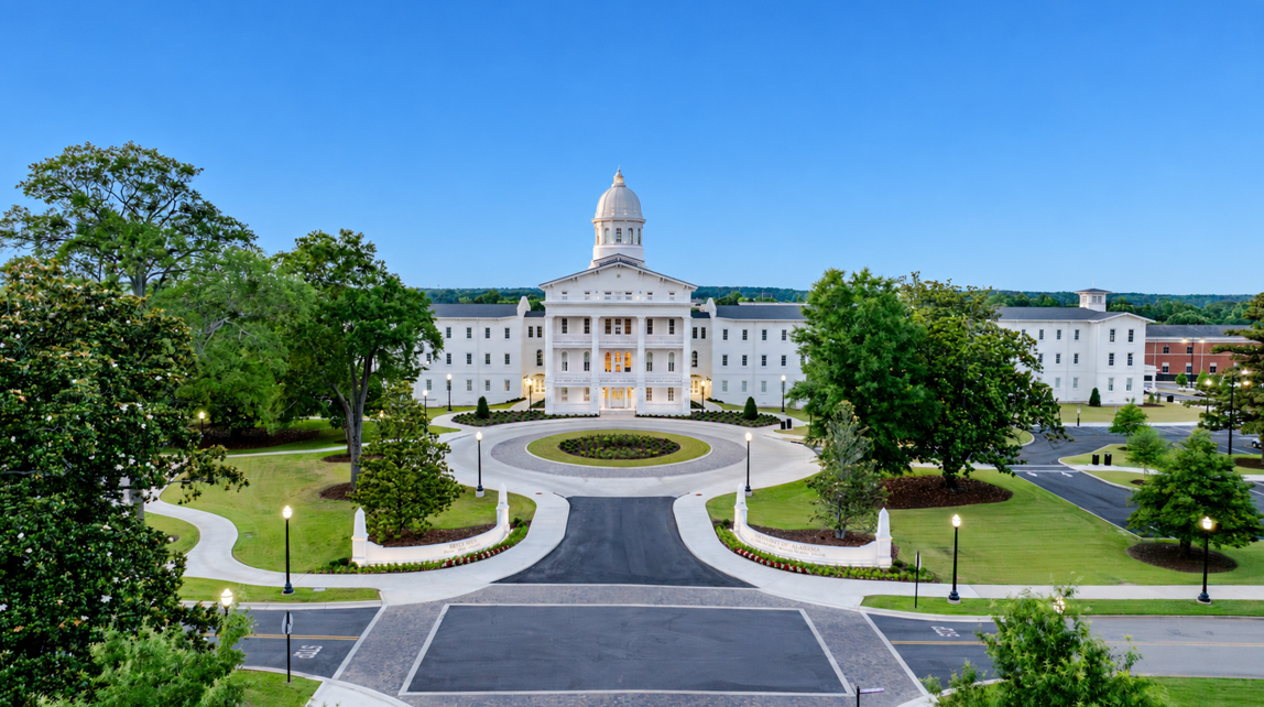 White domed civic building with a circular driveway, landscaped lawn, and trees on a sunny day