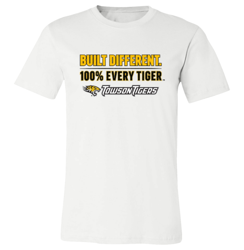 White T-shirt with yellow and black “Built Different 100% Every Tiger” Towson Tigers logo