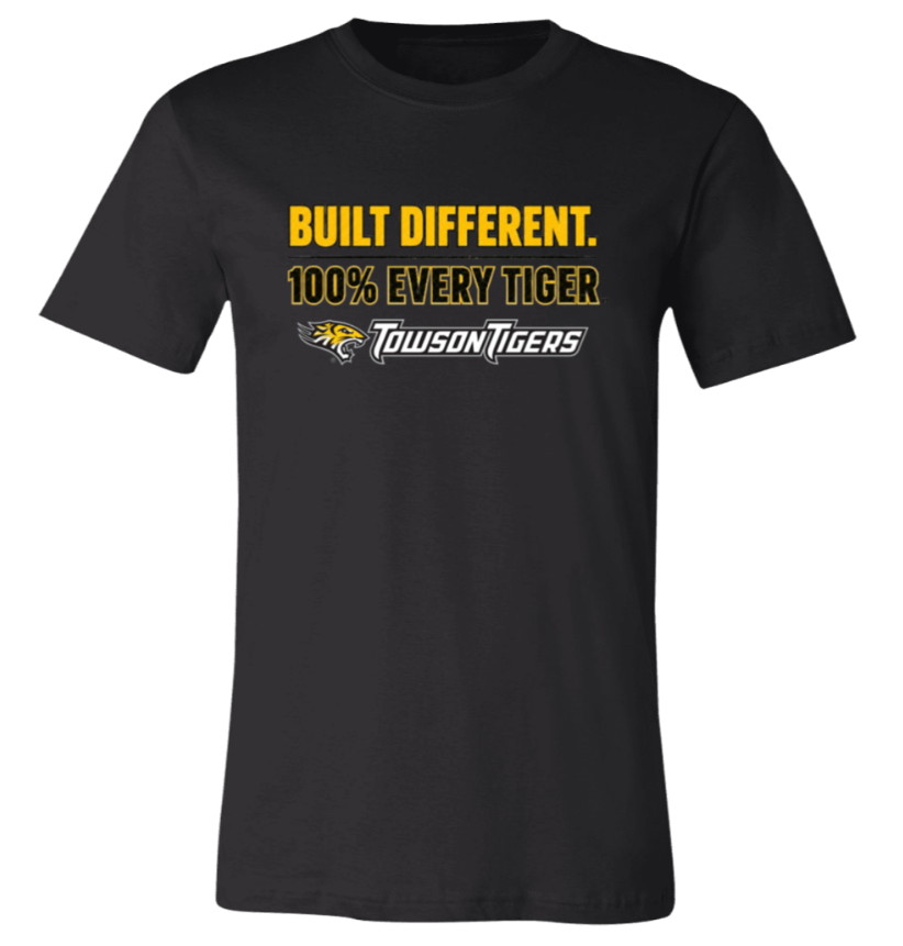 Black T-shirt with yellow “BUILT DIFFERENT” and “100% EVERY TIGER” text, plus Towson Tigers logo
