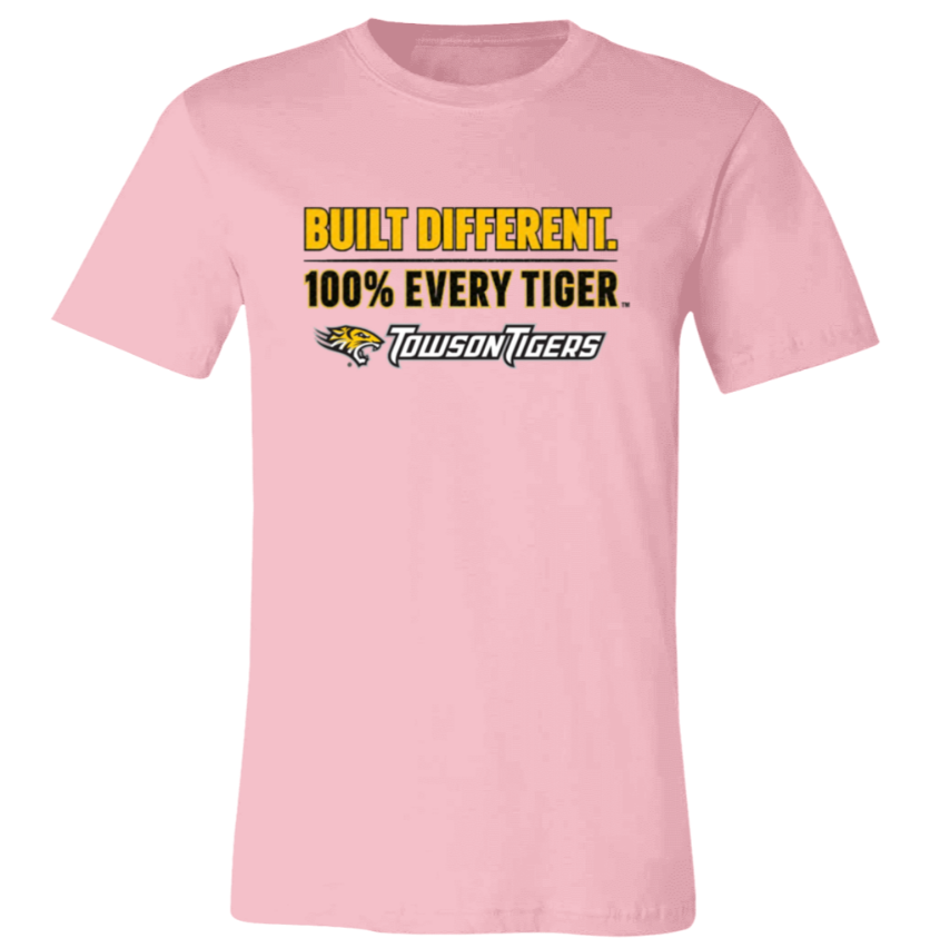 Pink T-shirt with "Built Different 100% Every Tiger" text and Towson Tigers logo