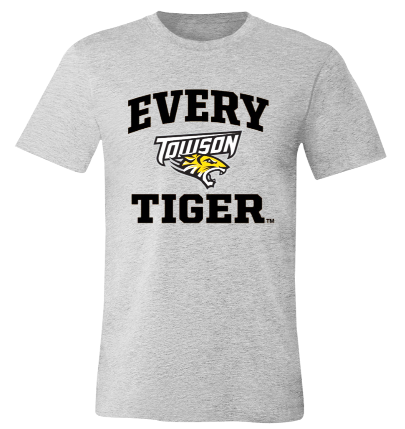 Gray T-shirt with “EVERY TOWSON TIGER.” text and a tiger logo in black and yellow