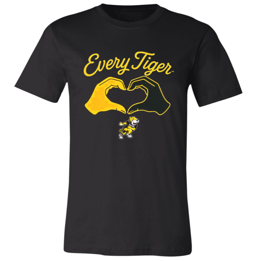 Black T-shirt with yellow “Every Tiger” text and a tiger graphic forming a heart shape