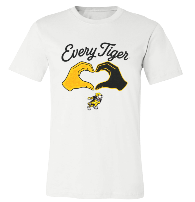 White T-shirt with "Every Tiger" text and two hands forming a heart over a small tiger mascot