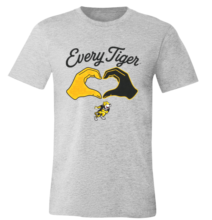 Gray T-shirt with "Every Tiger" text and a yellow-and-black heart-shaped tiger design