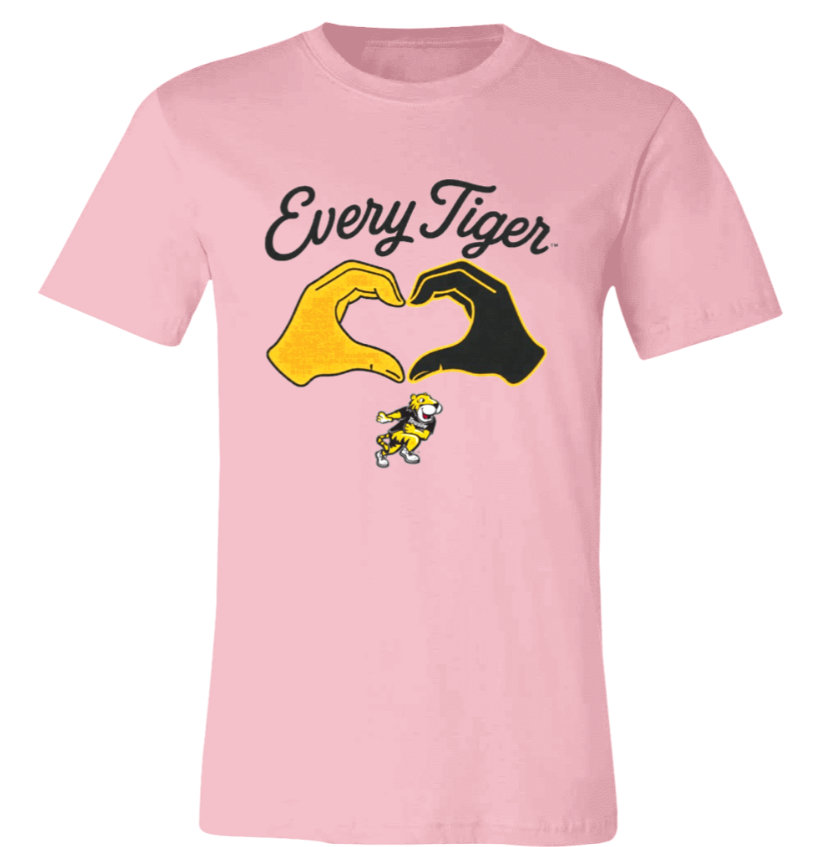 Pink T-shirt with “Every Tiger” text and two hands forming a heart around a small tiger graphic