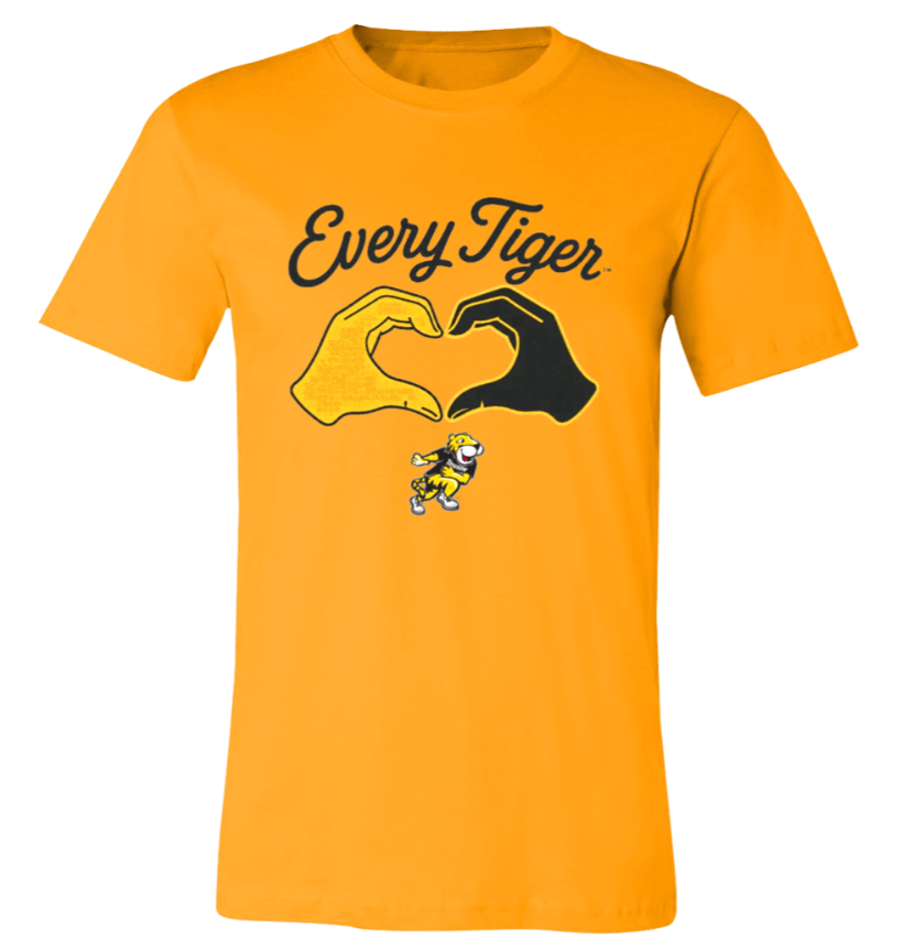 Orange T-shirt with “Every Tiger” text and a graphic of two hands forming a heart around a tiger mascot