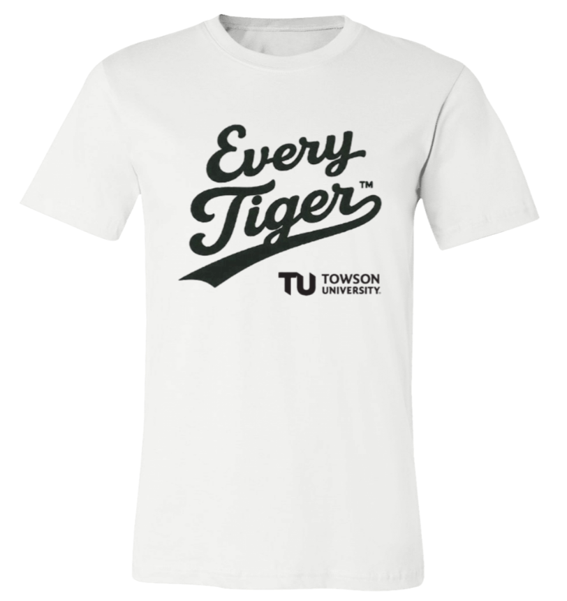 White T-shirt with "Every Tiger" Towson University logo in black on the chest