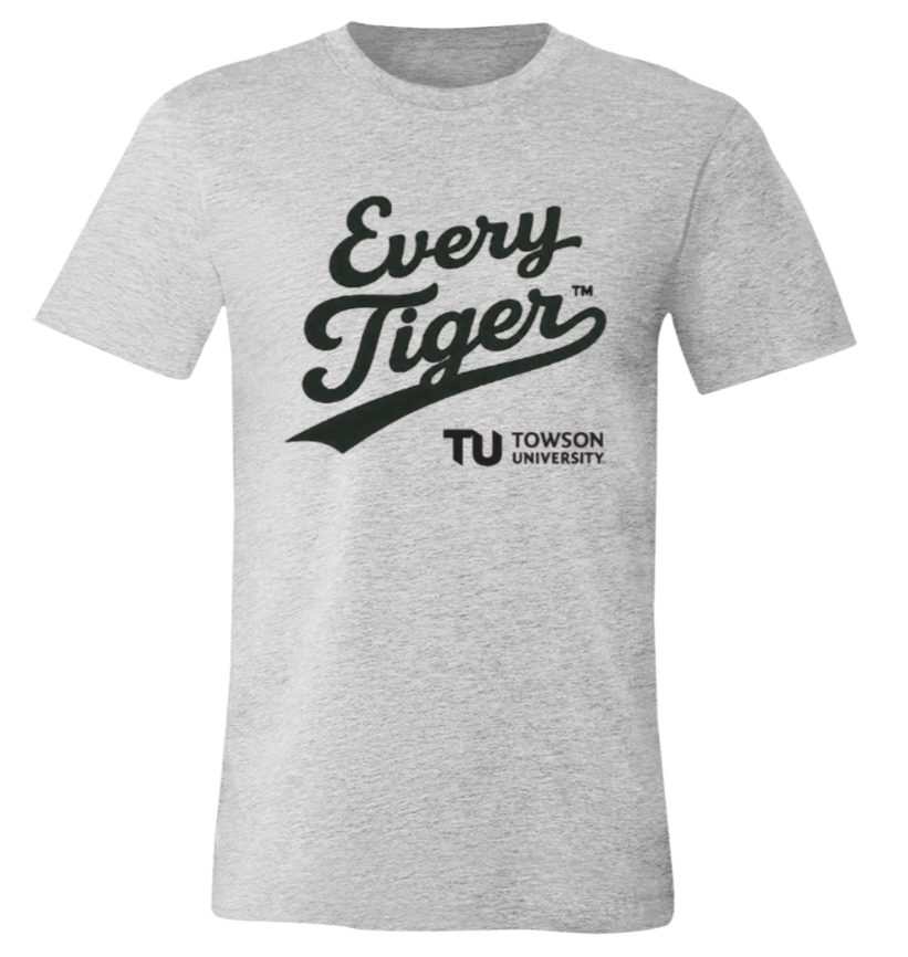 Light gray Towson University T-shirt with “Every Tiger” logo