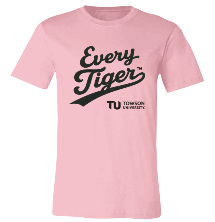 Pink T-shirt with black “Every Tiger” and Towson University logo text