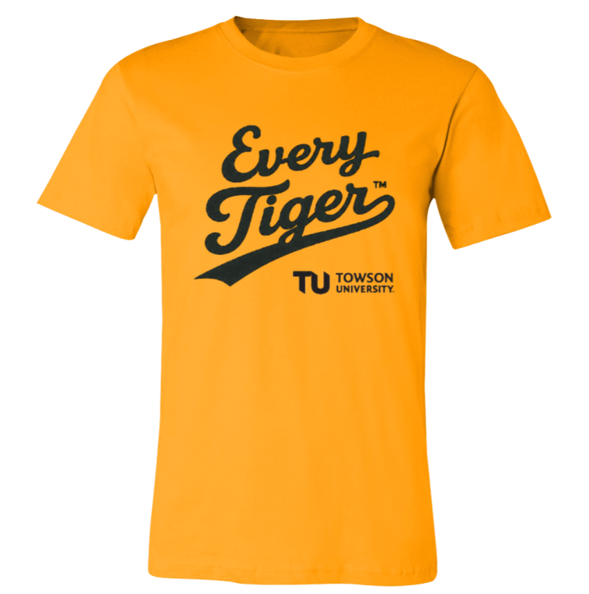 Orange Towson University T-shirt with “Every Tiger” graphic in black
