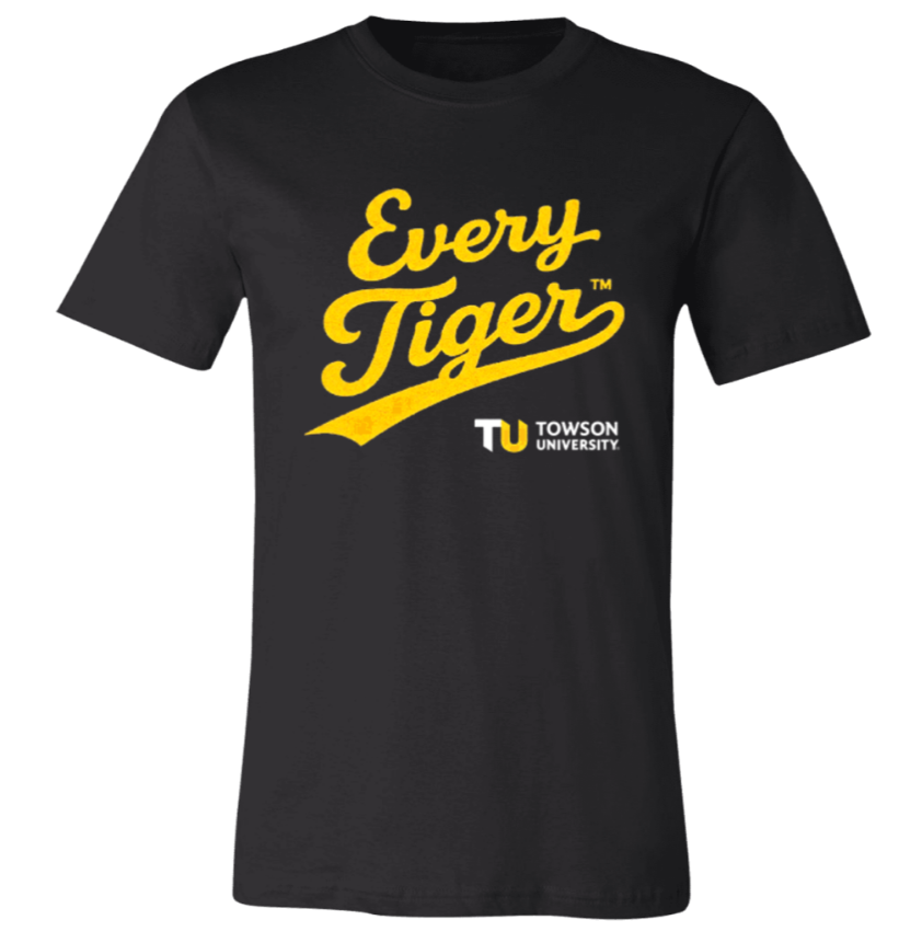 Black T-shirt with yellow “Every Tiger” Towson University logo and text