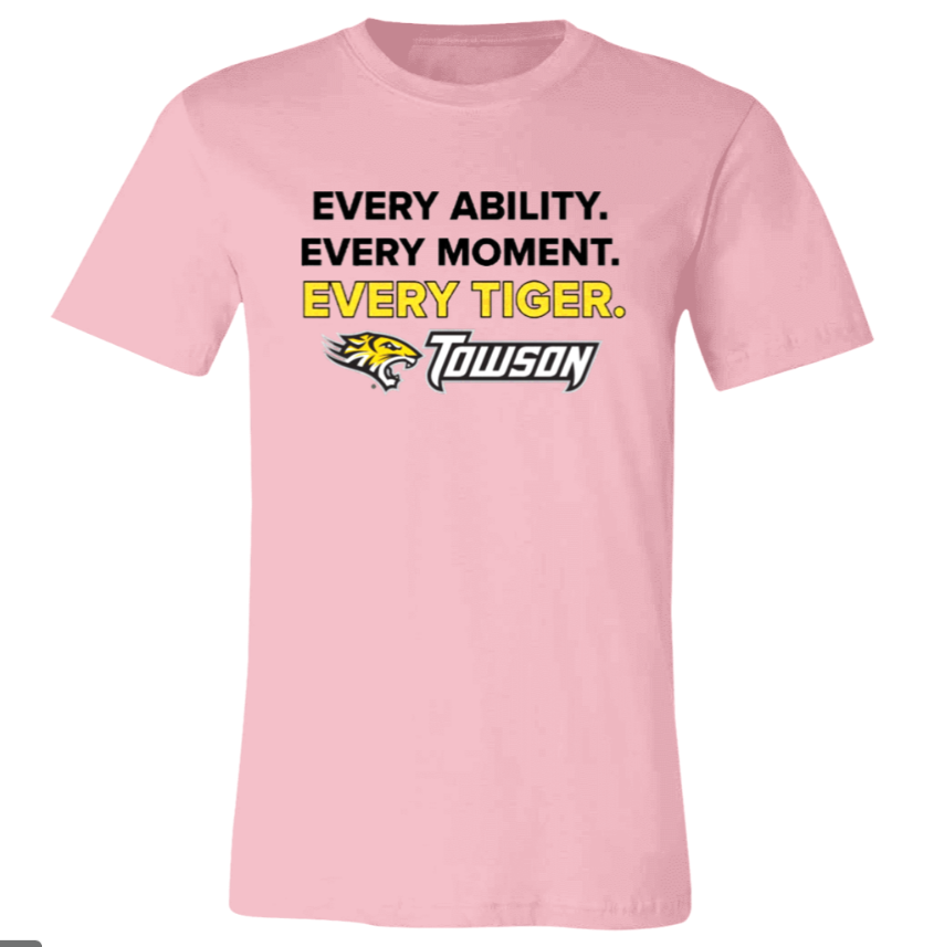 Pink T-shirt with “Every Ability. Every Moment. Every Tiger.” text and a tiger logo.