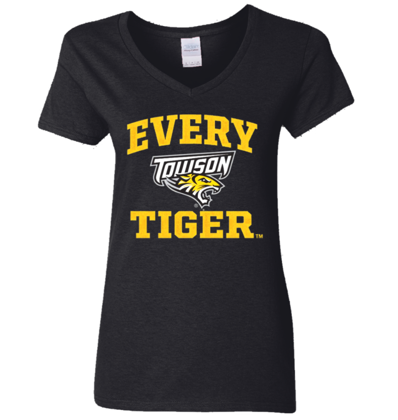 Black V-neck T-shirt with yellow “EVERY TOWSON TIGER” text and Towson Tigers logo