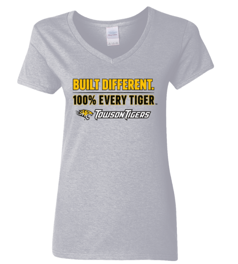 Gray V-neck T-shirt with yellow and black “Built Different. 100% Every Tiger.” slogan and Tigers logo