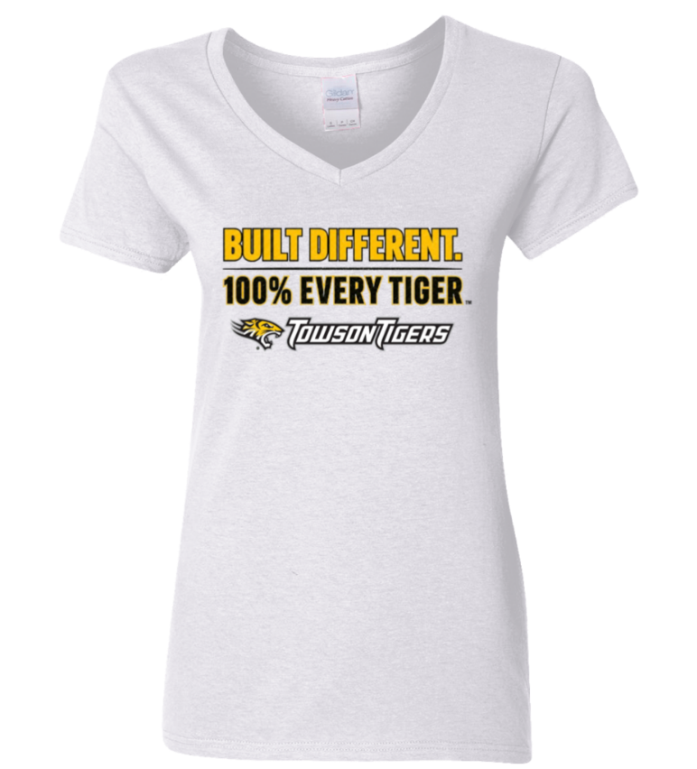 White V-neck T-shirt with “Build Different. 100% Every Tiger.” Towson Tigers logo and text.