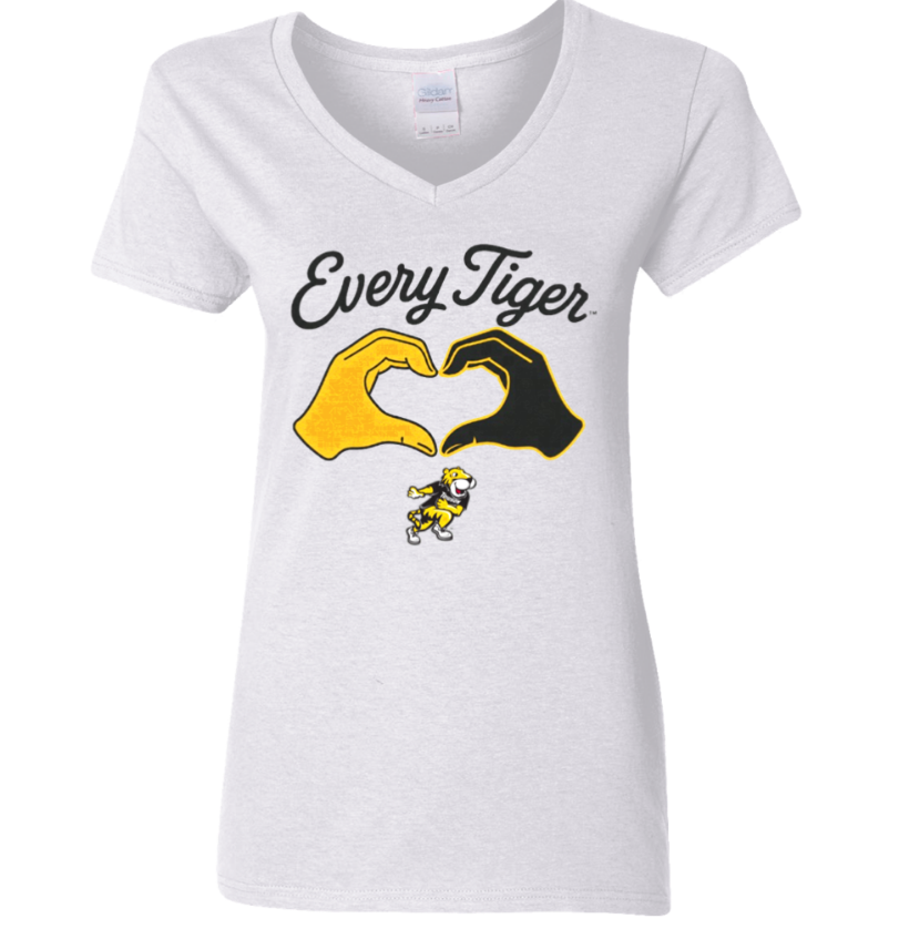 White V-neck T-shirt with “Every Tiger” text and a tiger paw heart graphic on the front