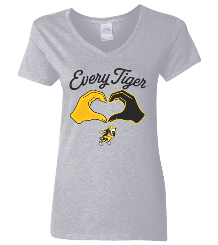 Gray T-shirt with “Every Tiger” text and yellow-black tiger hands forming a heart above a small tiger mascot