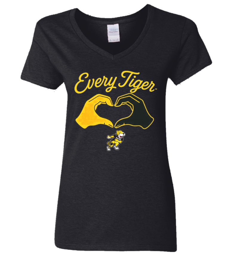 Black T-shirt with yellow “Every Tiger” text and two hands forming a heart over a small tiger graphic