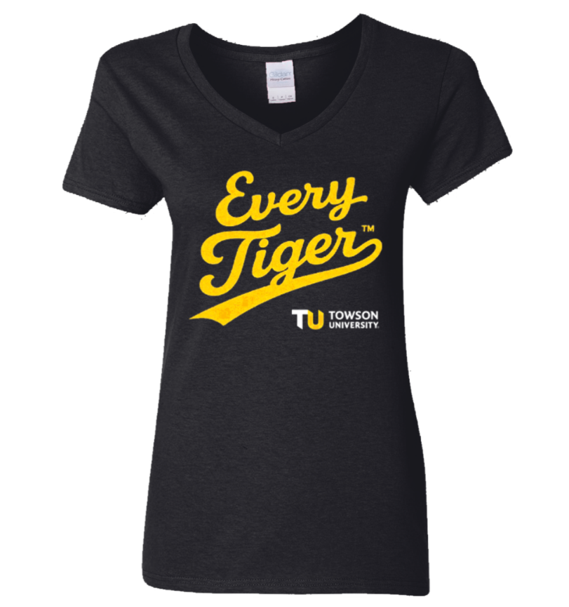 Black V-neck T-shirt with yellow “Every Tiger” and Towson University logo