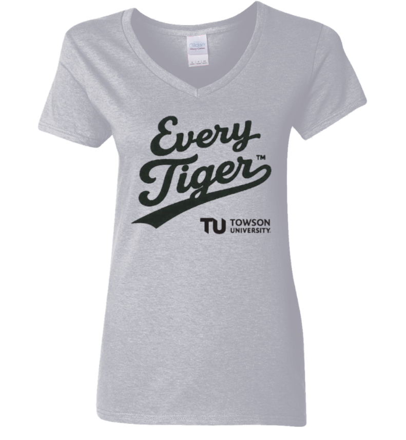 Light gray V-neck T-shirt with “Every Tiger” and Towson University logo printed on the front