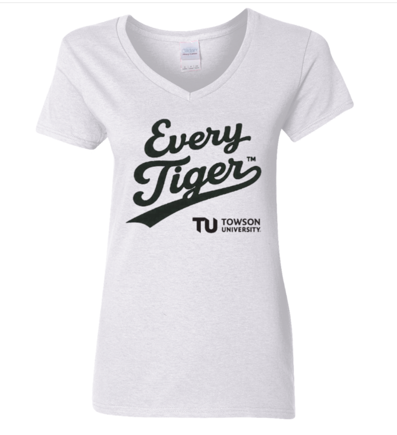 White V-neck T-shirt with “Every Tiger” and TU Towson University logo in black print