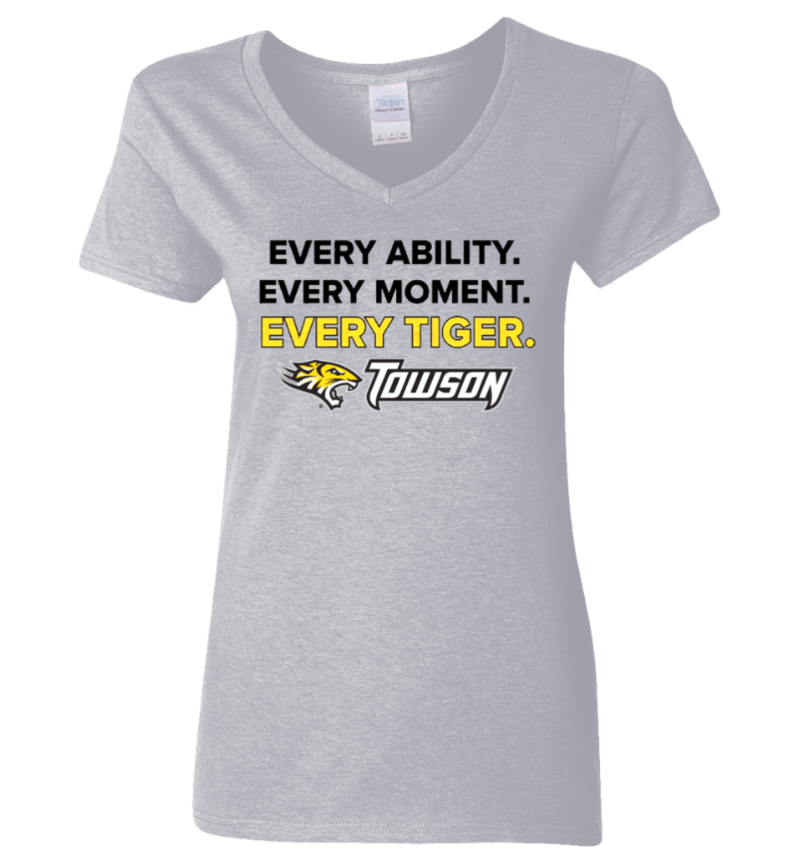 Gray V-neck T-shirt with Towson slogan: “Every ability. Every moment. Every tiger.”