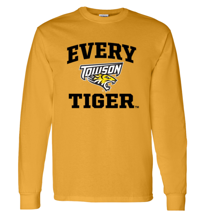 Mustard yellow long-sleeve shirt with “EVERY TOWSON TIGER” logo in black and white