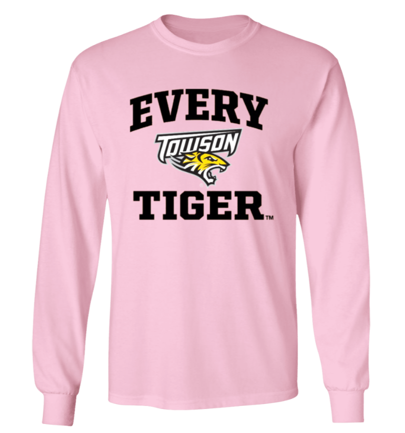 Pink long-sleeve shirt with “EVERY LOUISVILLE TIGER” text and tiger logo on the front