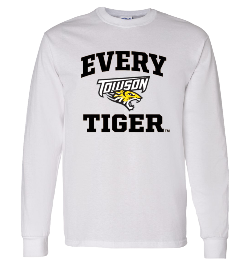 White long-sleeve shirt with “EVERY TOWSON TIGER” text and tiger logo in black and gold