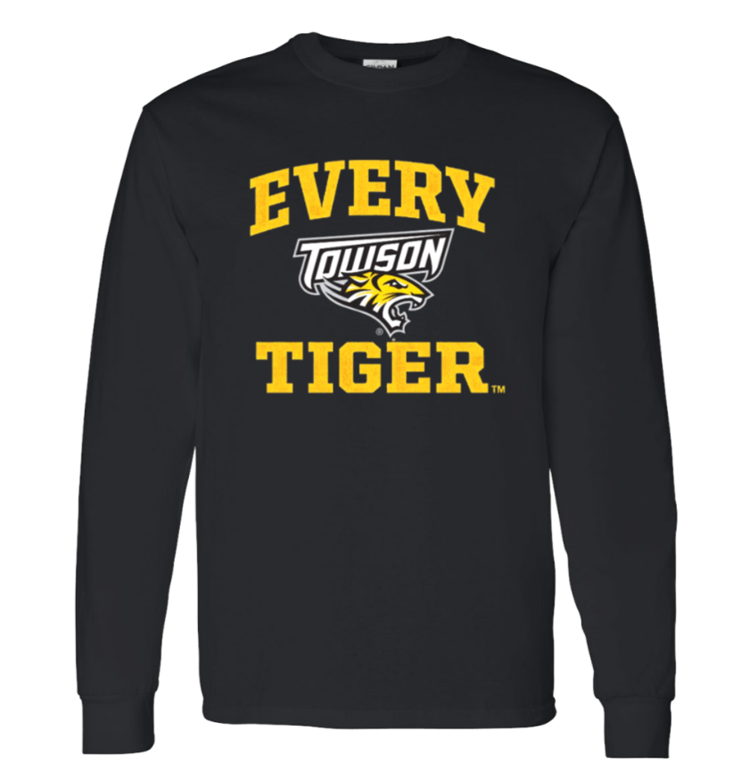 Black long-sleeve shirt with yellow “EVERY TOWSON TIGER” text and tiger logo