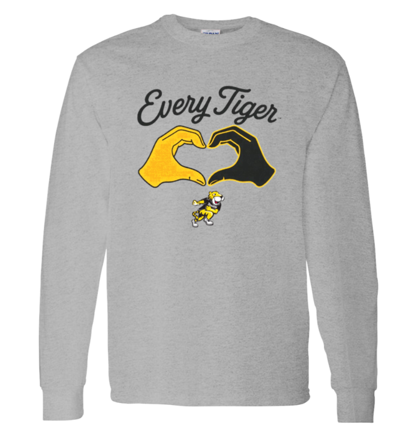 Gray long-sleeve shirt with “Every Tiger” text and yellow-black hands forming a heart over a tiger mascot