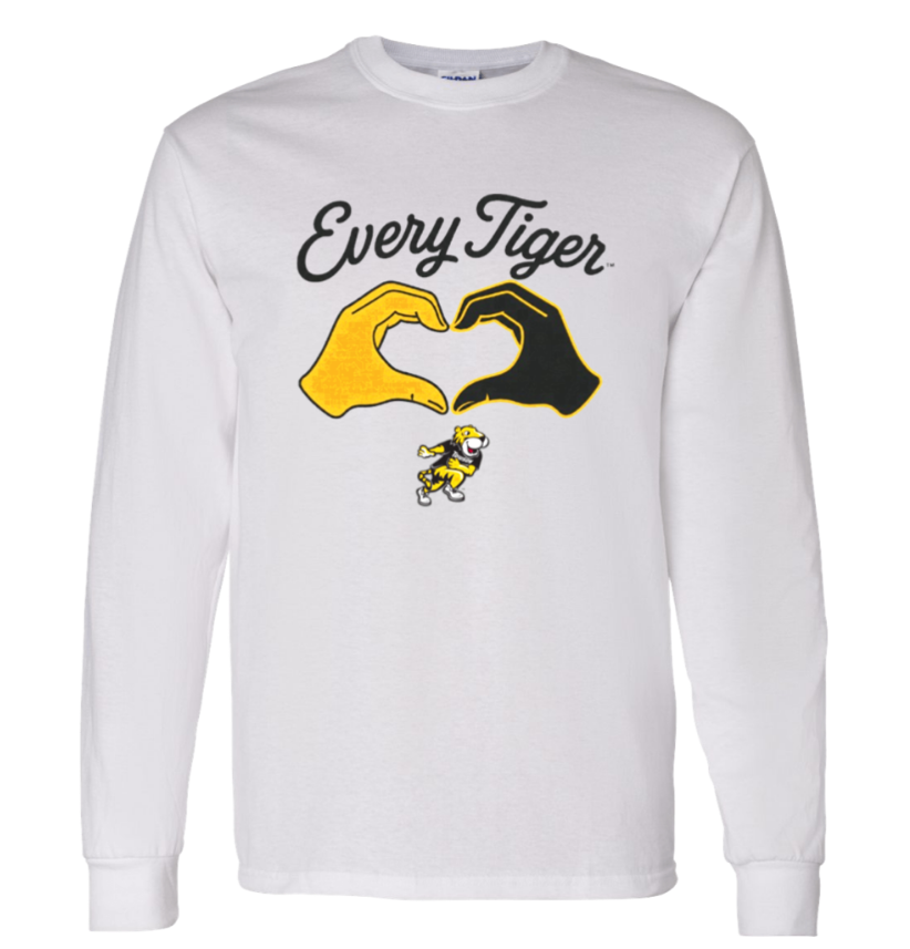 White long-sleeve shirt with “Every Tiger” text and yellow-black hands forming a heart above a tiger mascot