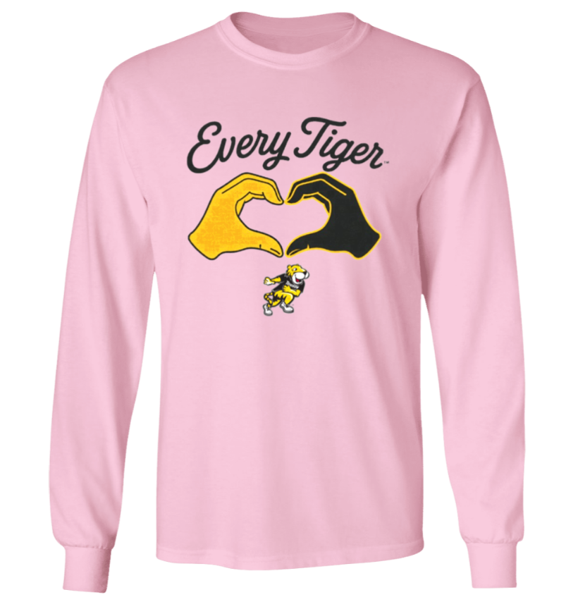 Pink long-sleeve shirt with “Every Tiger” text and a heart formed by yellow and black hands