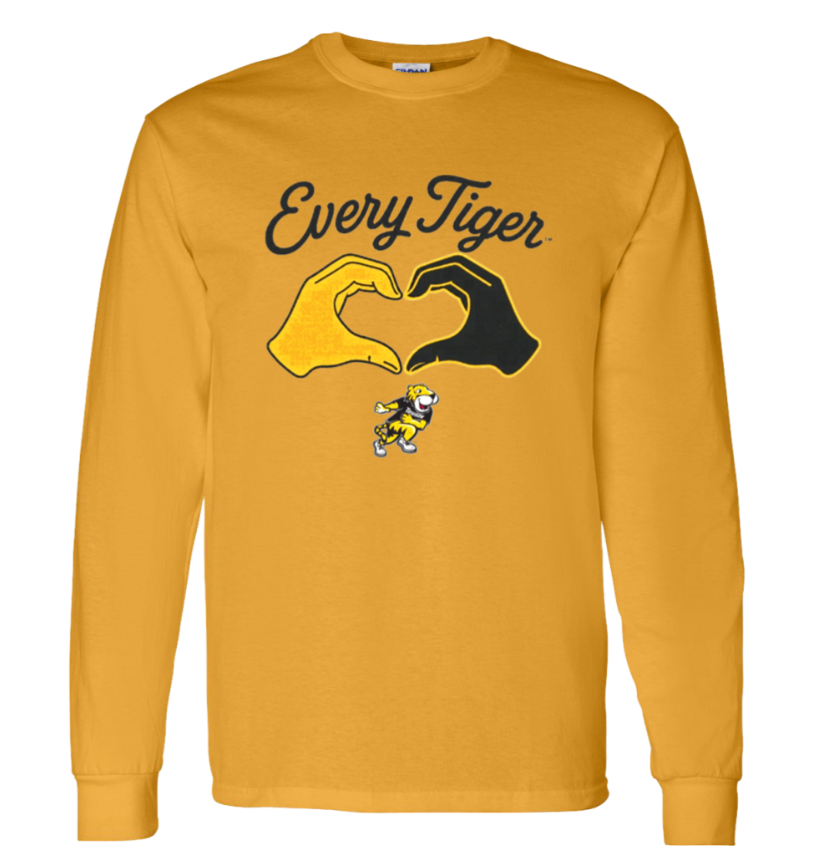 Mustard yellow long-sleeve shirt with “Every Tiger” text and a tiger logo graphic on the front