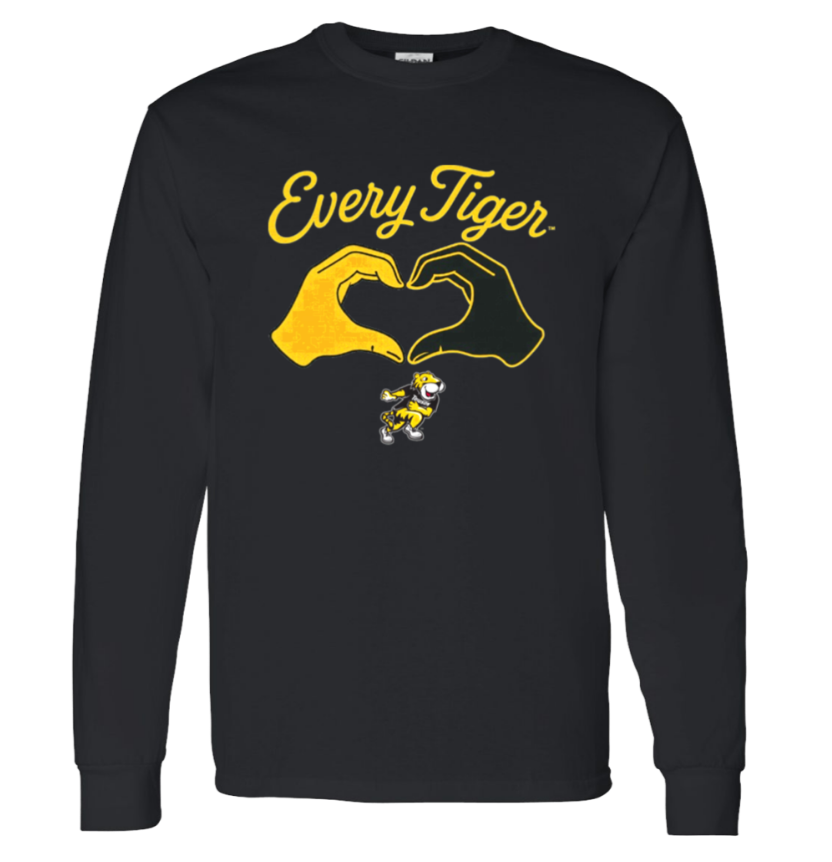 Black long-sleeve shirt with yellow “Every Tiger” text and a tiger-shaped graphic on the chest