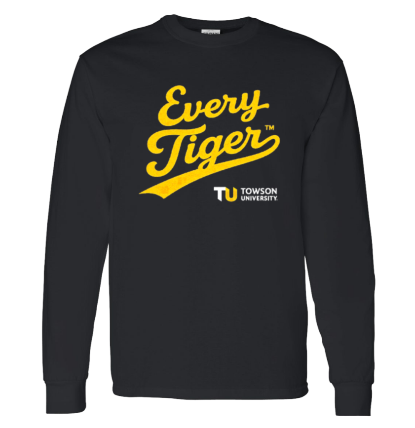 Black long-sleeve shirt with yellow “Every Tiger” text and Towson University logo