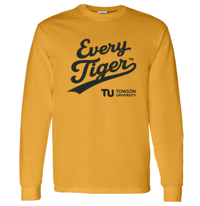 Gold long-sleeve shirt with “Every Tiger” and Towson University logo printed on the front