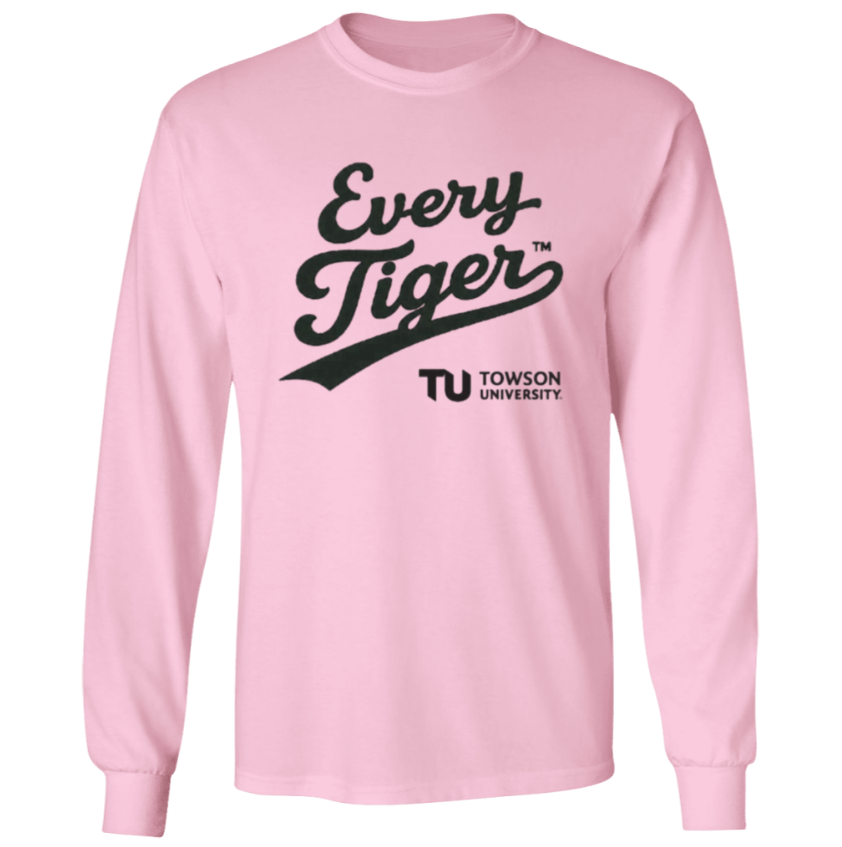 Light pink long-sleeve T-shirt with black “Every Tiger” Towson University logo print