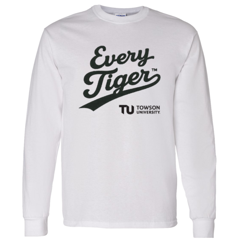 White long-sleeve T-shirt with “Every Tiger” and Towson University logo printed on the front