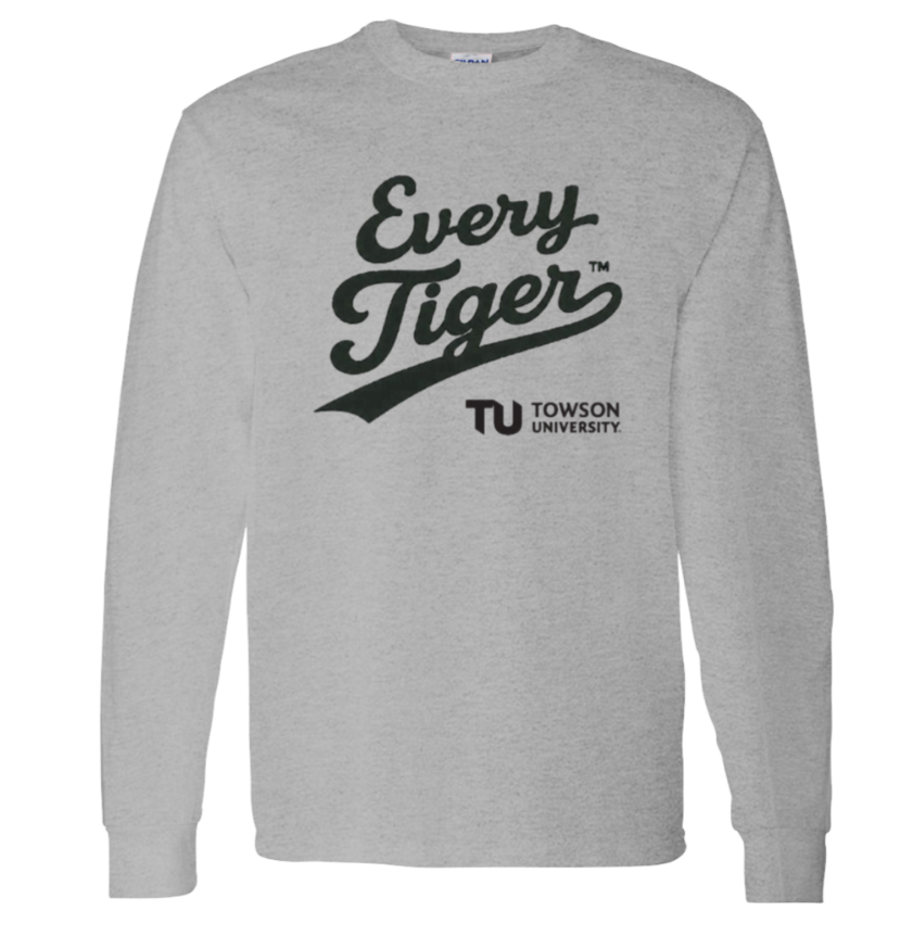 Gray long-sleeve shirt with “Every Tiger” and Towson University logo text.