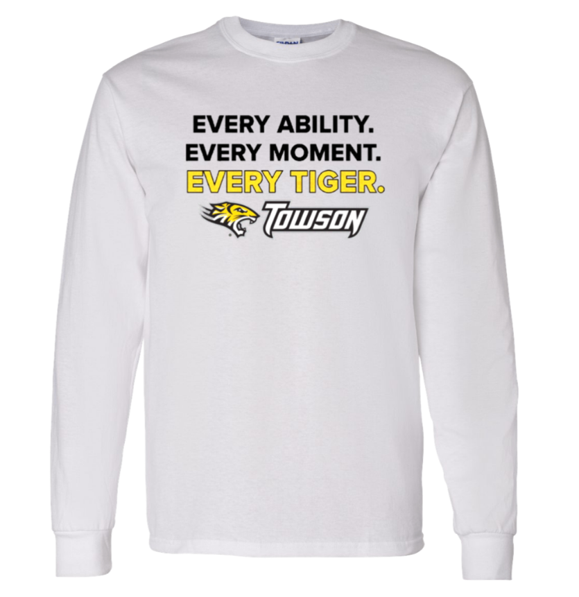White long-sleeve shirt with “Every Ability. Every Moment. Every Tiger. Tullson” text and tiger logo.