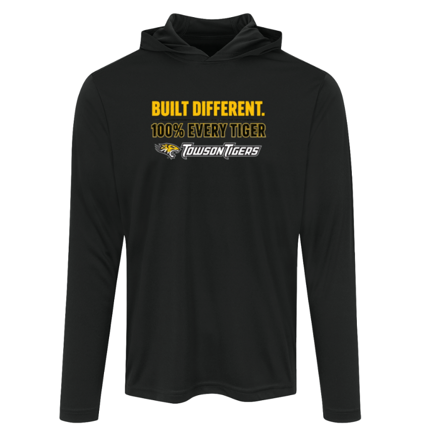 Black long-sleeve hoodie with yellow and white "Built Different" text on the front