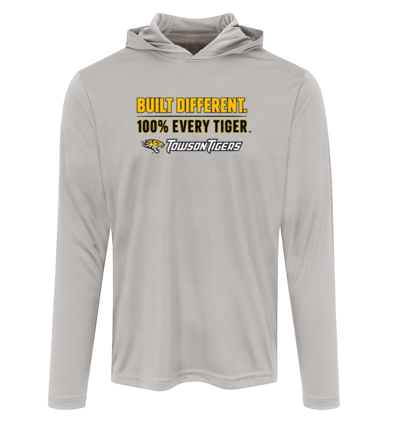 Light gray hooded long-sleeve shirt with “Built Different. 100% Every Tiger.” graphic on the chest