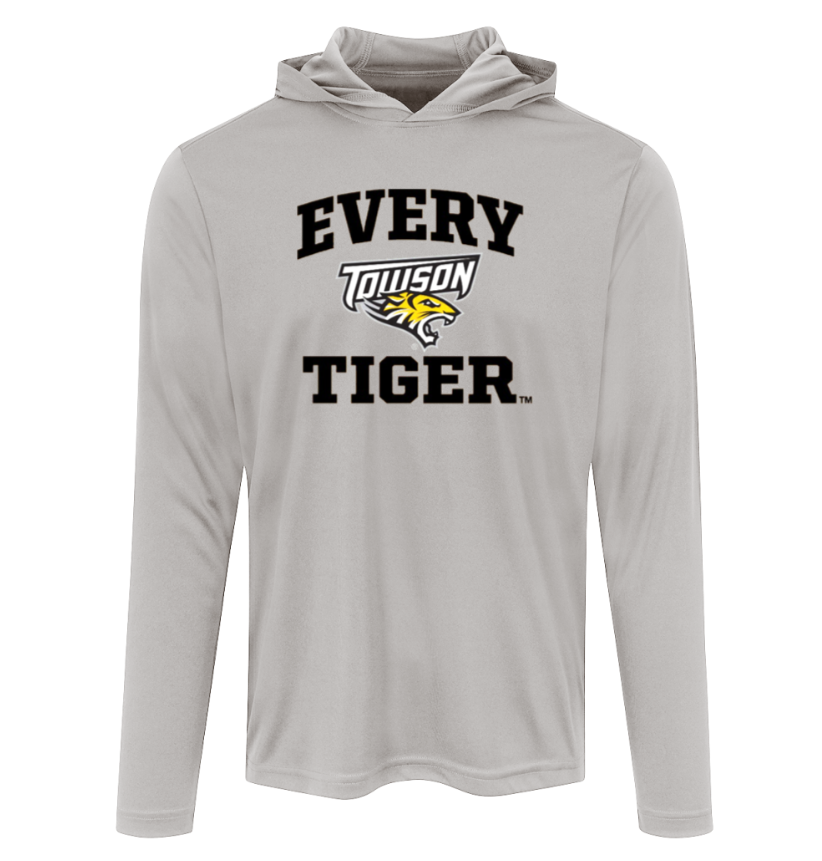 Gray hooded long-sleeve shirt with “Every Towson Tiger” graphic on the front