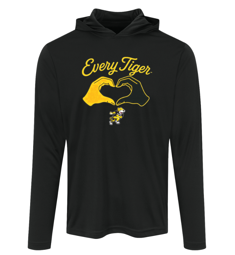 Black long-sleeve hoodie with yellow “Every Tiger” text and tiger graphic on the chest