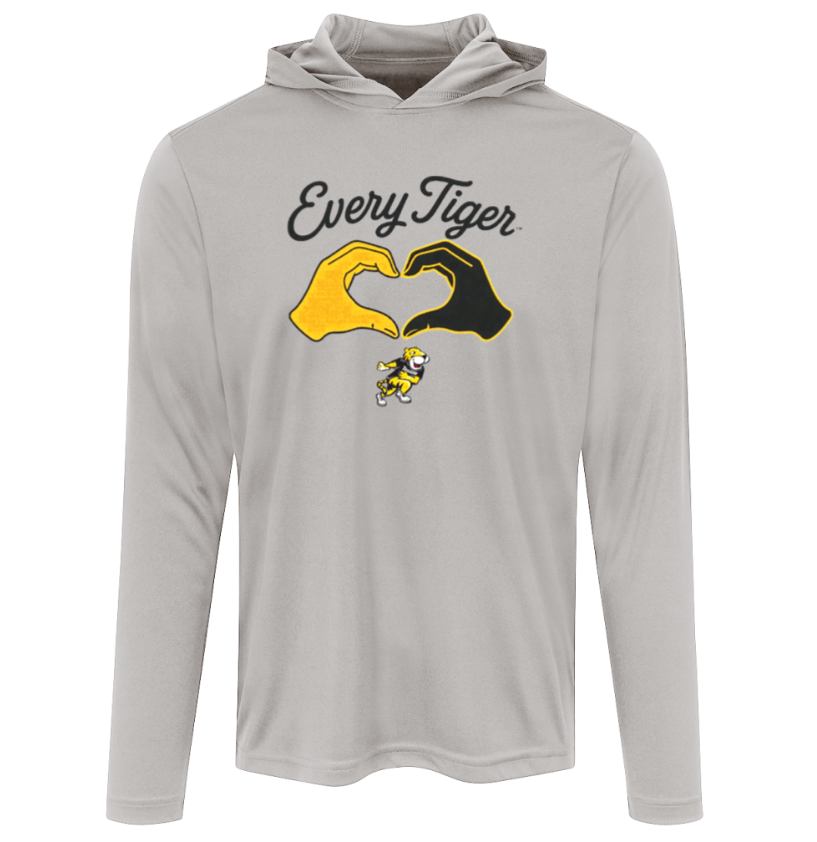 Gray hooded long-sleeve shirt with "Every Tiger" text and yellow-black tiger hand graphic.