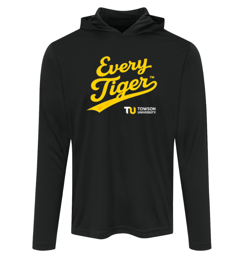 Black hoodie with yellow “Every Tiger” text and TU Towson University logo on the chest