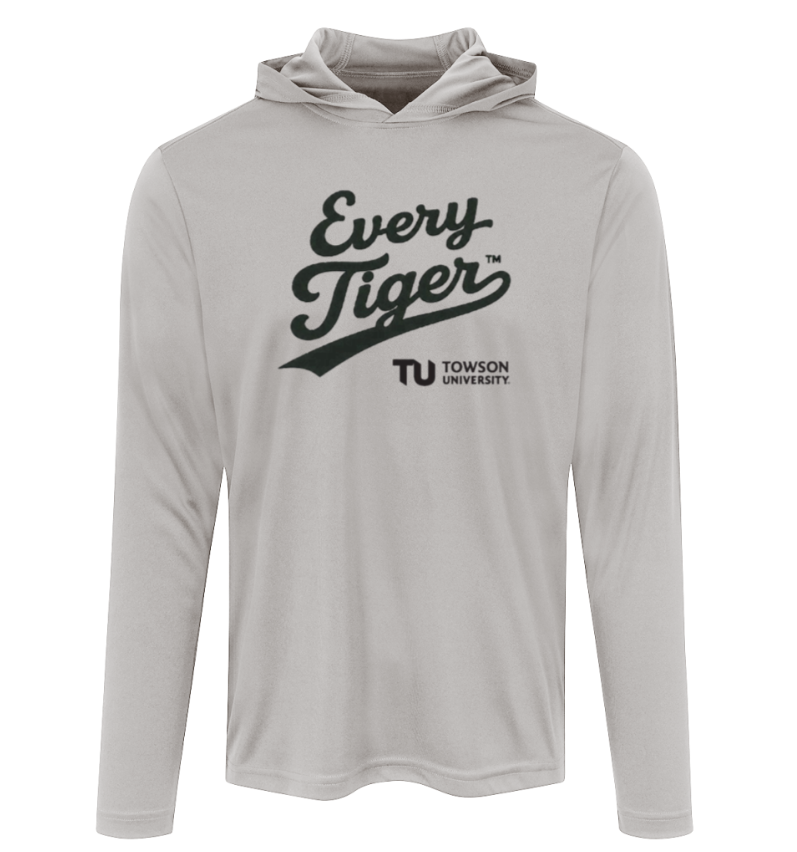 Light gray hooded long-sleeve shirt with “Every Tiger” text and Towson University logo
