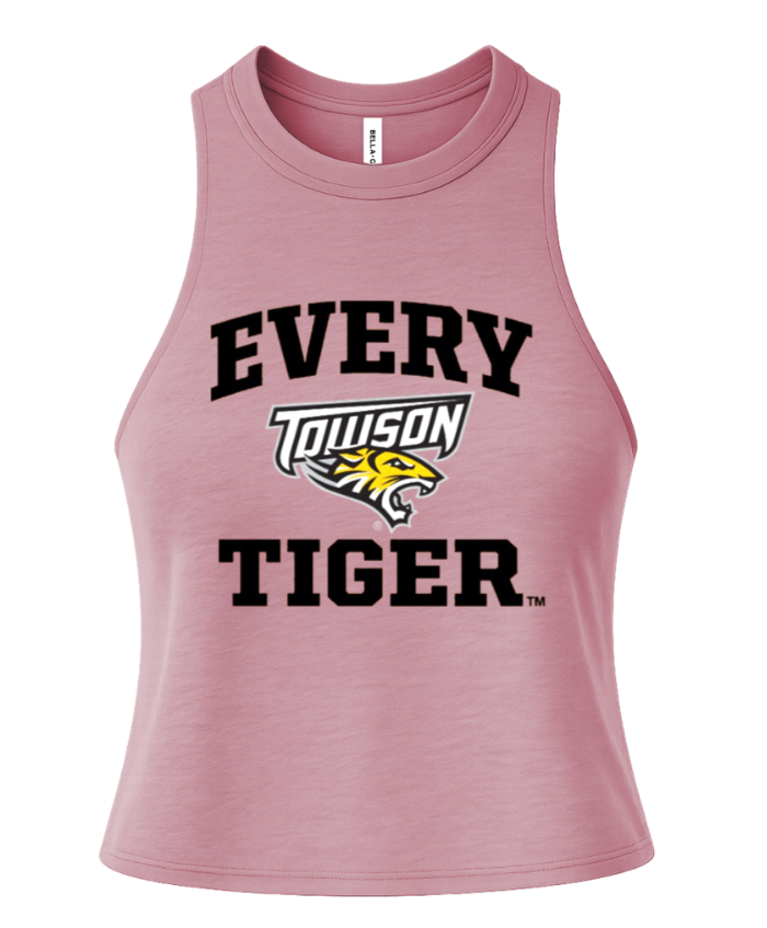 Pink sleeveless tank top with “Every Towson Tiger” text and Towson Tigers logo.