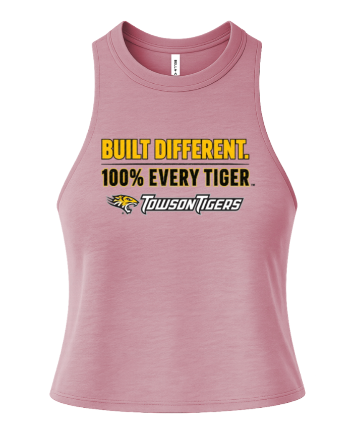 Pink tank top with “Built Different. 100% Every Tiger.” and Towson Tigers logo